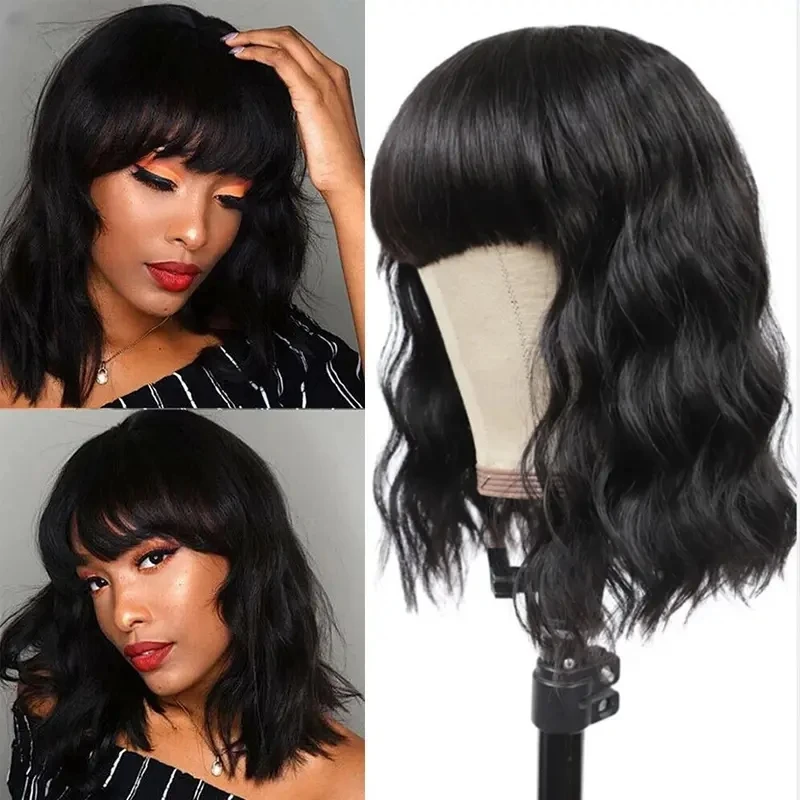 Body Wave Wig with Bangs Human Hair Full Machine Made Short Bob Wigs For Women Wavy 3x1 Lace Wig Human Hair Cheap on Sale