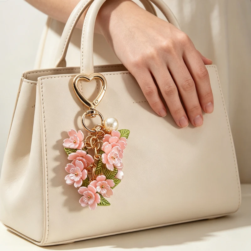 1 ud. Llavero con broche de langosta en forma de corazón dorado, flor de cerezo, hoja verde y perla, colgante floral de resina en 3 colores (rosa, morado, amarillo), bonito y estético de primavera, regalo para mujeres y niñas, accesorio para bolso o coche.