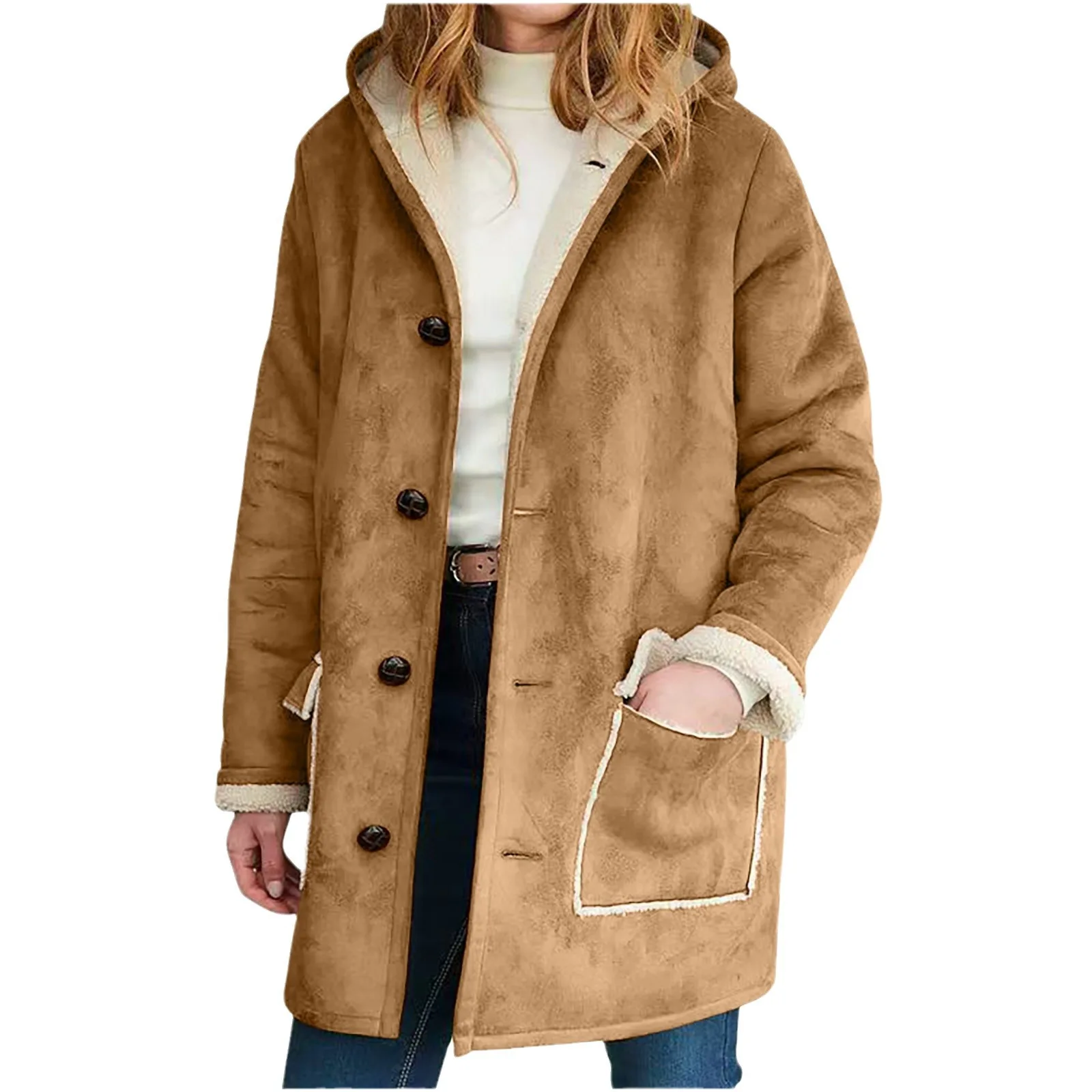 

Retro Hooded Faux Suede Mid-Length Coat ，2025 Winter Euro-American Style Women's Fashion Warm Single Breasted Wide Lapel Jacket