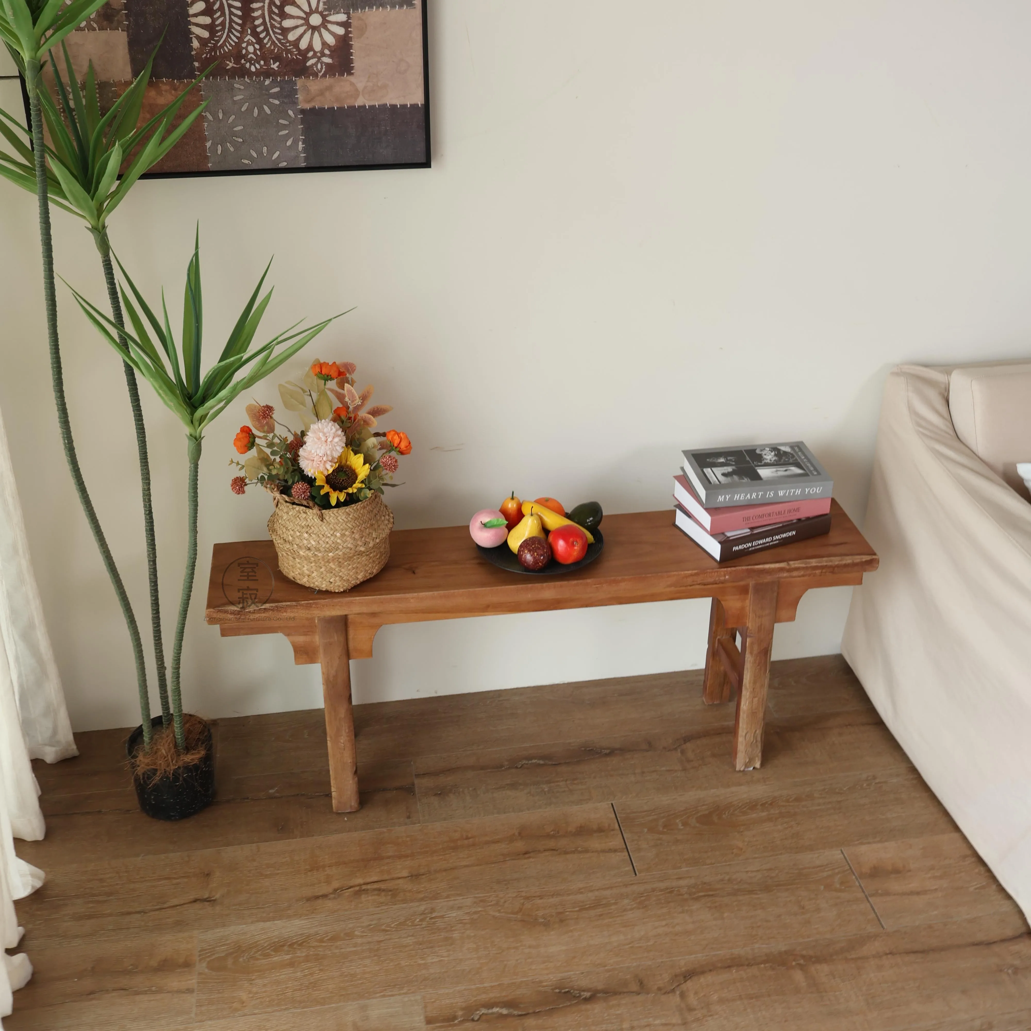 @3 # Wabi-sabi Solid Wood Long Bench & Side Table Chinese Style Zen Aesthetic Wooden Retro Home Decor Furniture