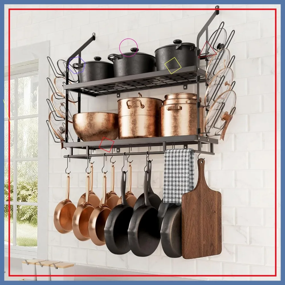

Настенная полка для кастрюль 30 дюймов с 8 держателями для крышек и 12 крючками, 2-уровневый кухонный органайзер для высоких посудных изделий