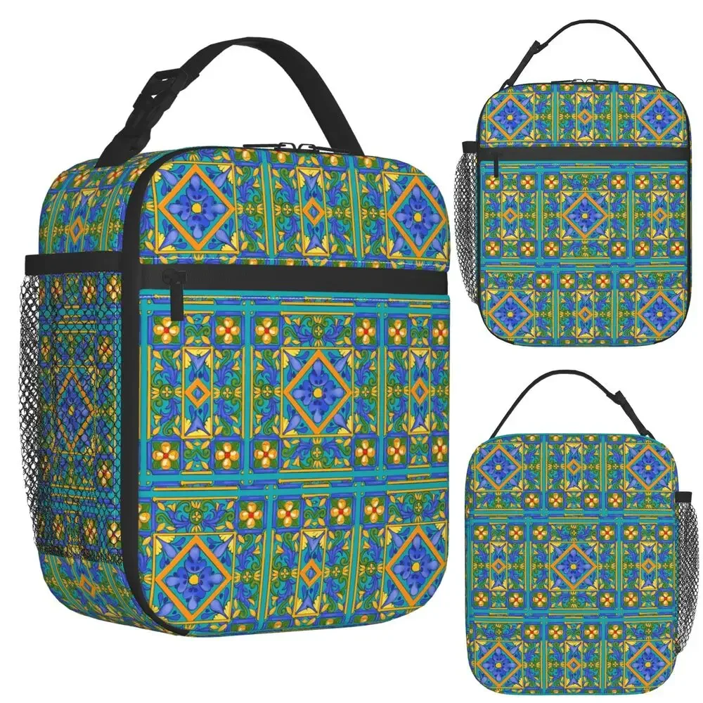 Summer ,Sicilian Tiles ,majolica,lemons ,Mediterranean Insulated Lunch Bag Thermal Food Box Tote Leakproof Lunch Boxes Container