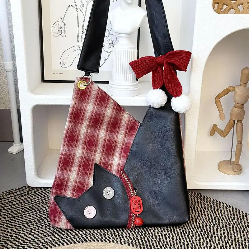 Original Cute Plush Cat Women's Bag Casual Versatile Splicing Contrast Color Cartoon Style Design Shoulder Crossbody Bag Trend