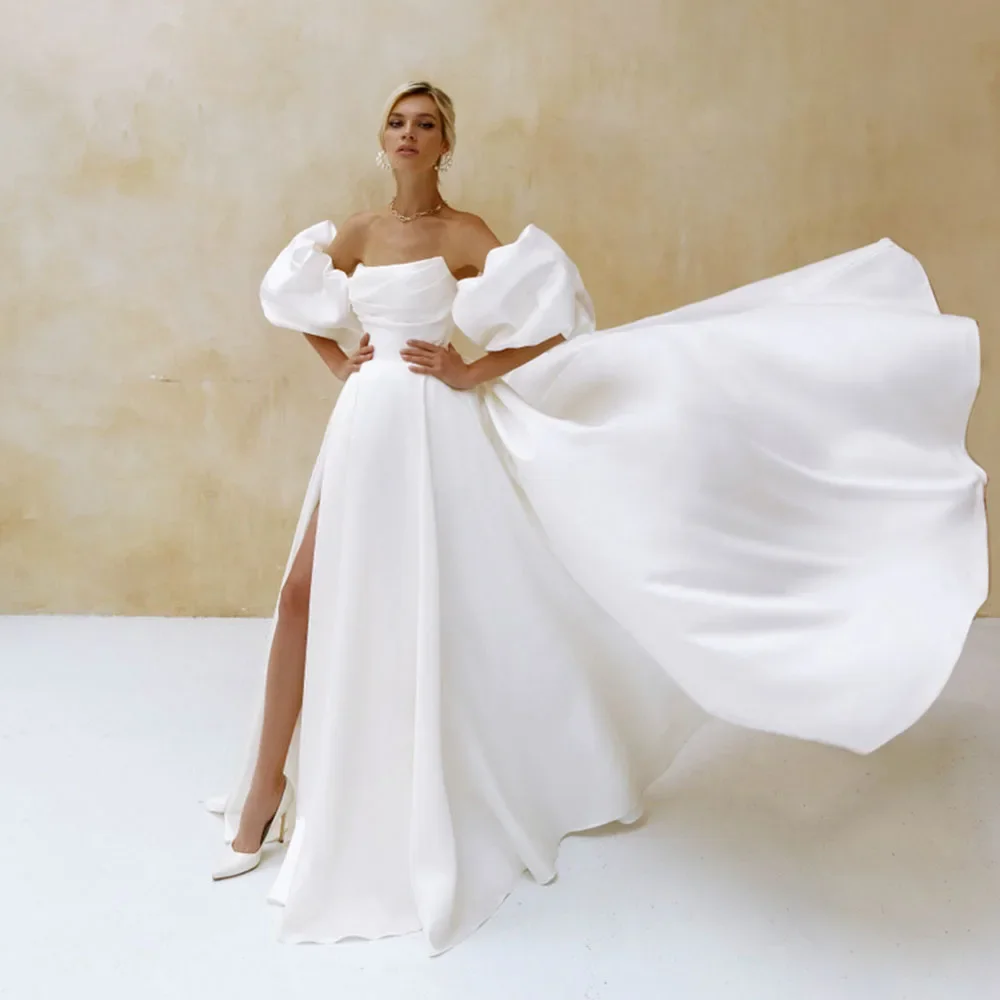 Elegant Satin Wedding Dress Short Puff Sleeves Simple Plain Bridal Gowns A-Line Side Slit Sweep Train Wedding Party Dresses 2025