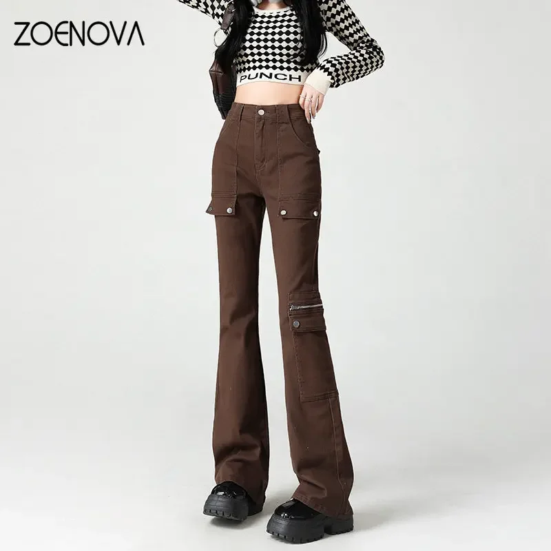 ZOENOVA รัดหน้าท้องสูงเอว Denim Tooling กางเกงกางเกงยีนส์ผู้หญิงการออกแบบกระเป๋าด้านข้าง American Street สไตล์วินเทจ