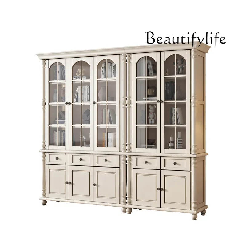 

American white cream wind solid wood bookcase three doors four doors household study all log combination bookcase