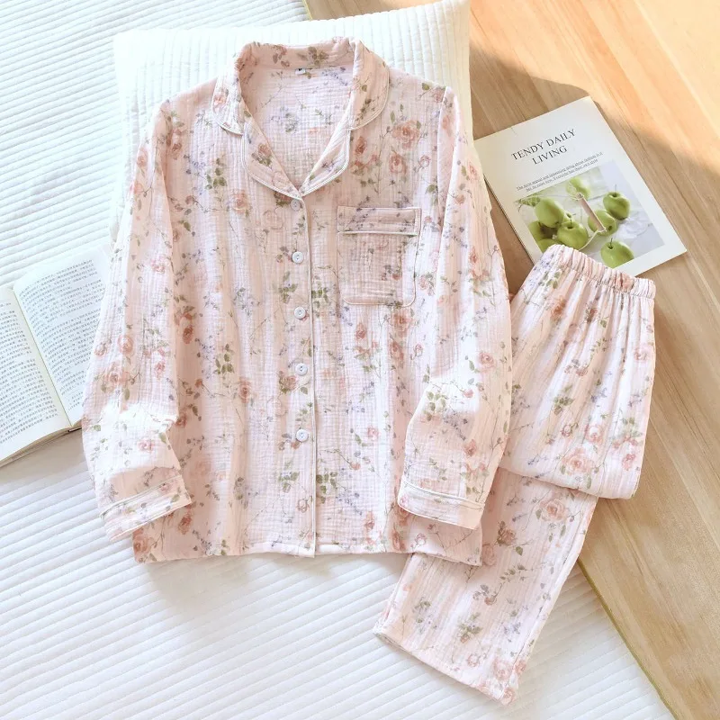 2026 New Women's Spring And Autumn Pajama Set 100% Cotton Crape Cloth Flower Collar Long Sleeve Two Piece Set Large Home Clothes
