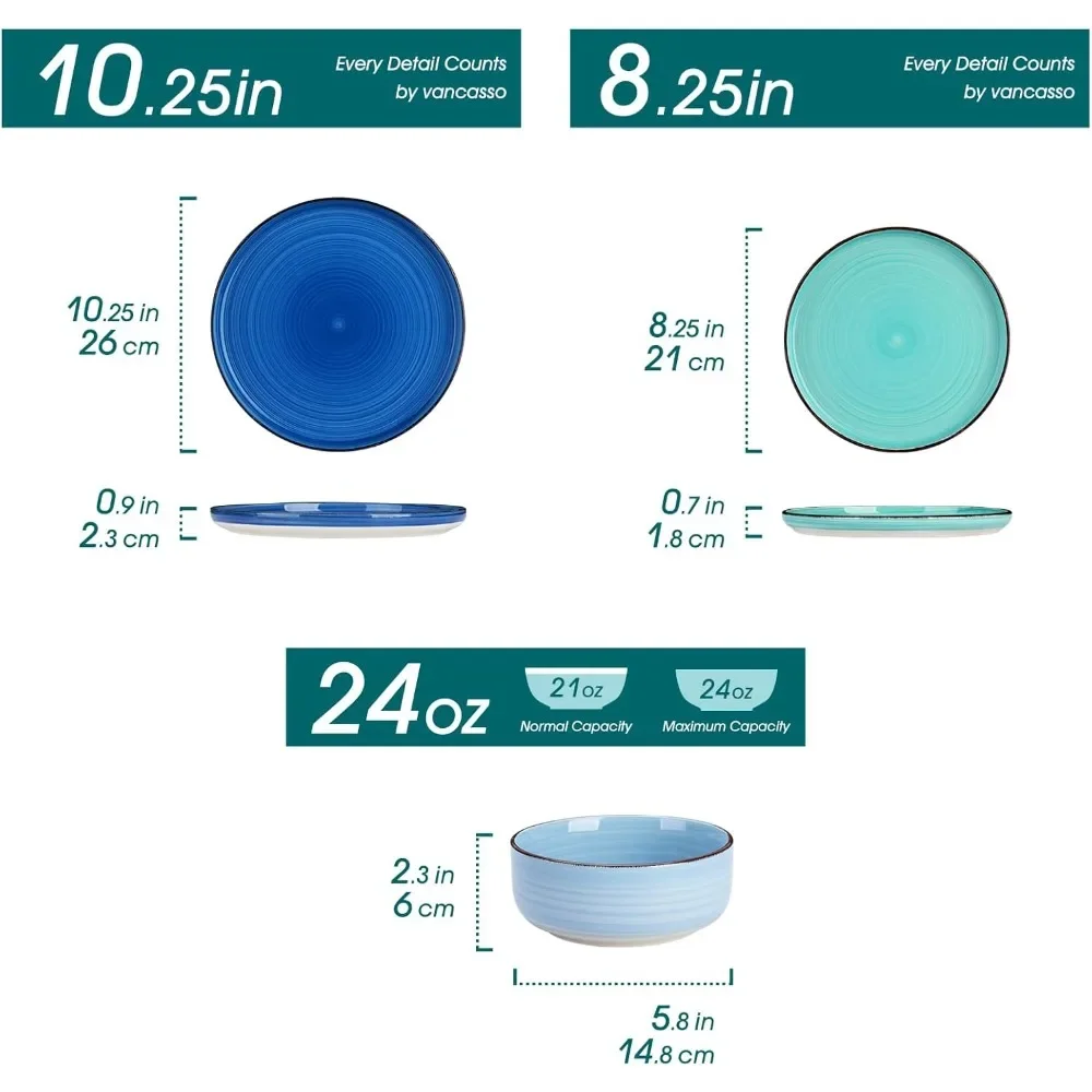 Bonita Blue Dinnerware Sets, Plates and Bowls Set for 4, 12 Pieces Stoneware Dinnerware Set, Dishwasher and Microwave S