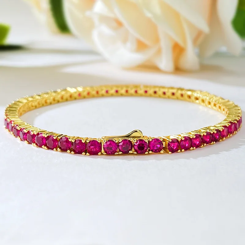 Apaison 18K Gold Plated Lab Created Ruby Tennis Bracelet Original 925 Sterling Silver 16/17/18/19 cm Bracelets For Women Man