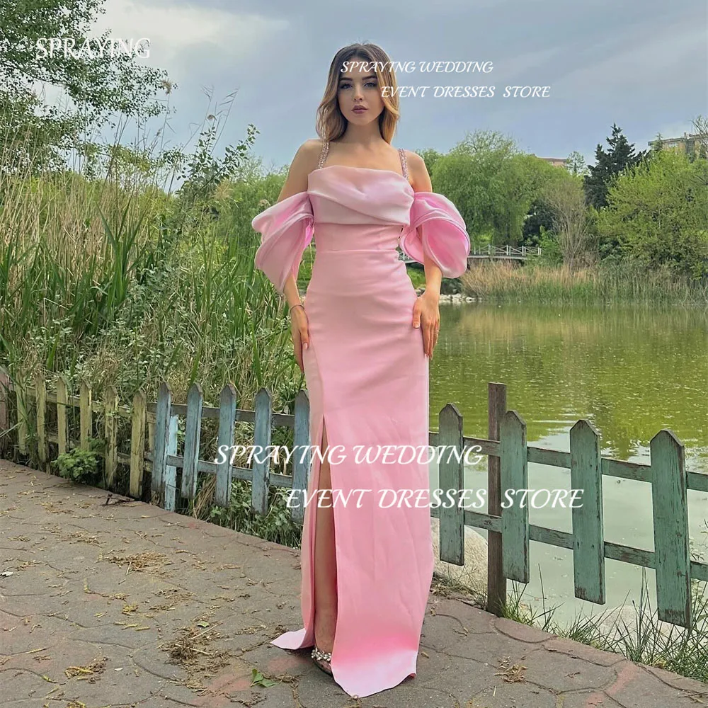 SPRAYING Elegant Pink Satin Strapless Sling Evening Dress Floor-Length Long Prom Dress Straight Side Slit Formal Evening Dress