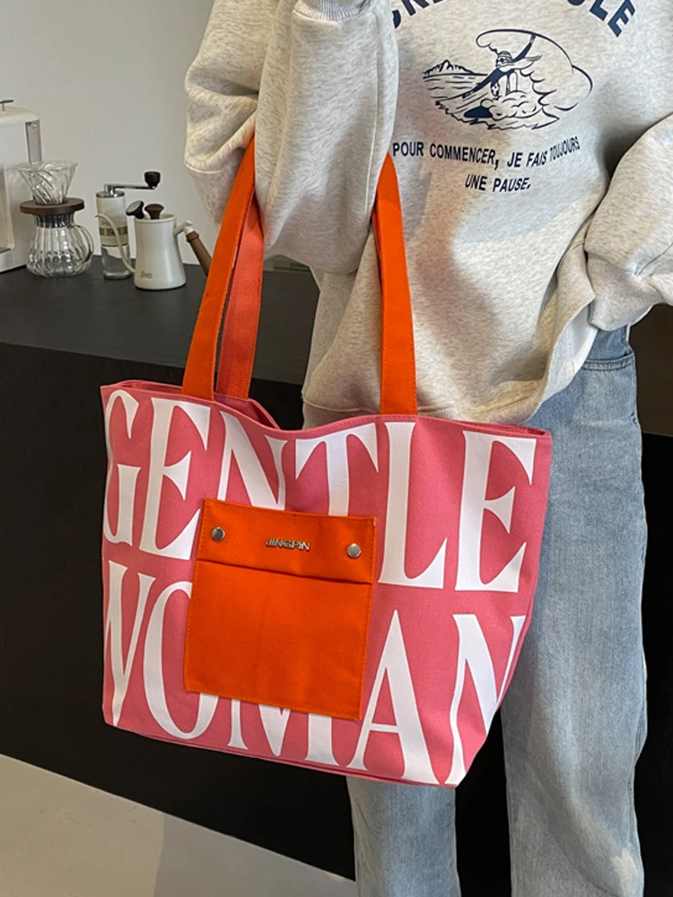 Korean Style Women’s Handlebags Fashion Large Capacity Letters Printed Canvas Underarm Shoulder Bags Chic Ladies Commuter Totes