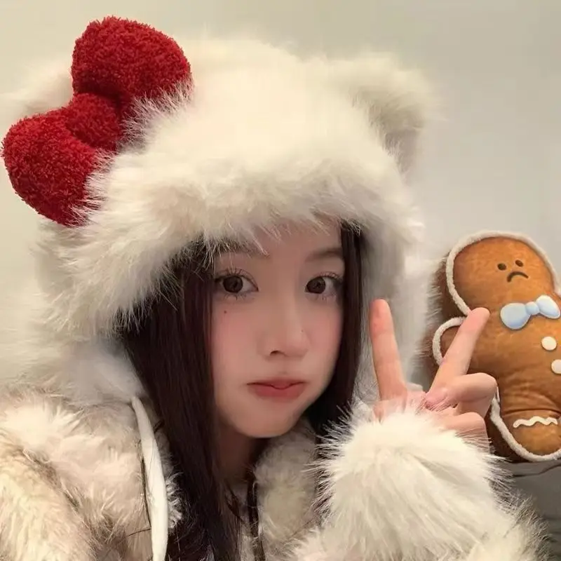 1 pc Sweet woman girls Cute Red Bow Plush Bonnet Women Autumn and Winter Thick Warm ear protection Earflaps Beanie Caps