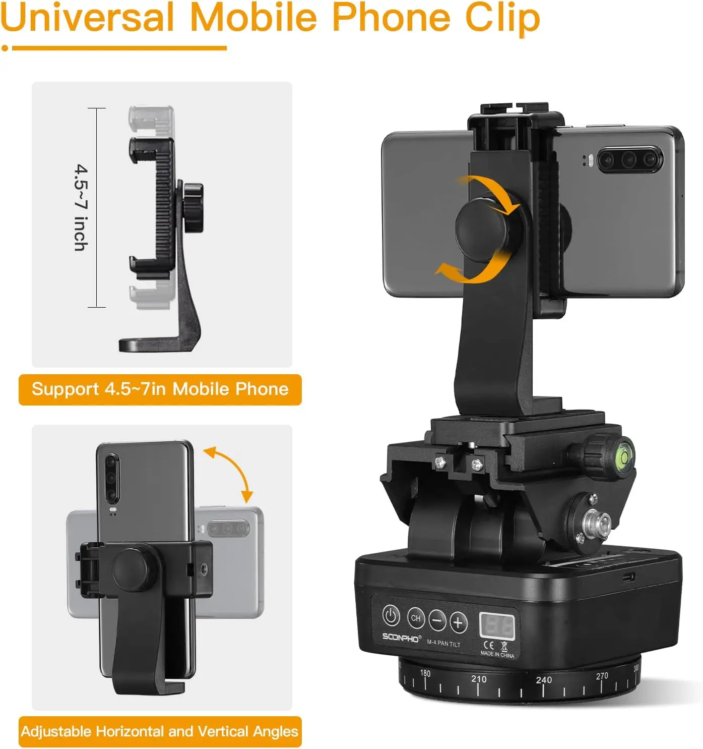 ZIFON YT1000 Automatic Motorized Rotating Panoramic Head Remote Control Pan Tilt Head with Mobile Phone Clip for Camera/Phone
