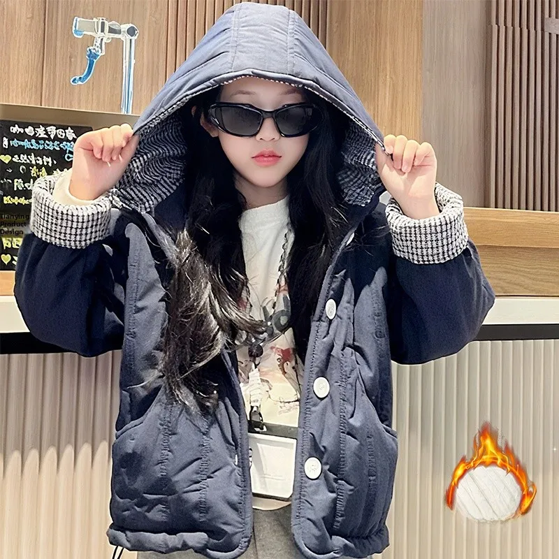 

Thiened Cotton Jaet for Girls Autumn Winter Faionable Warm Coat Children's Clothing Hooded Long Sve Single Button Cl...
