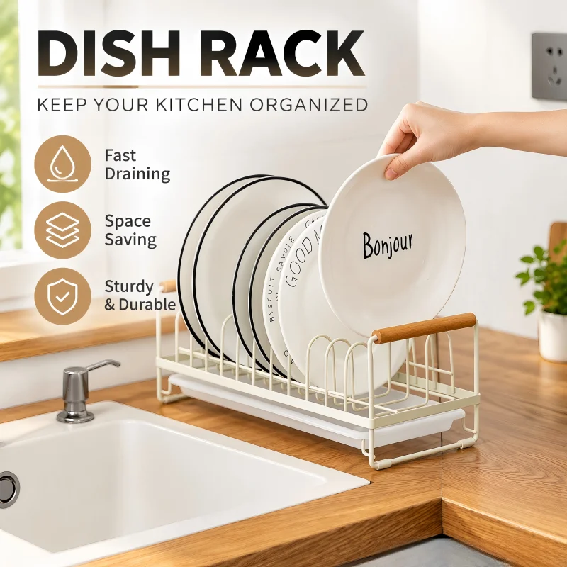 Kitchen Countertop Dish Rack, No Drill Bowl and Plate Drying Organizer, Utensil Chopstick Holder, Cabinet Storage Shelf
