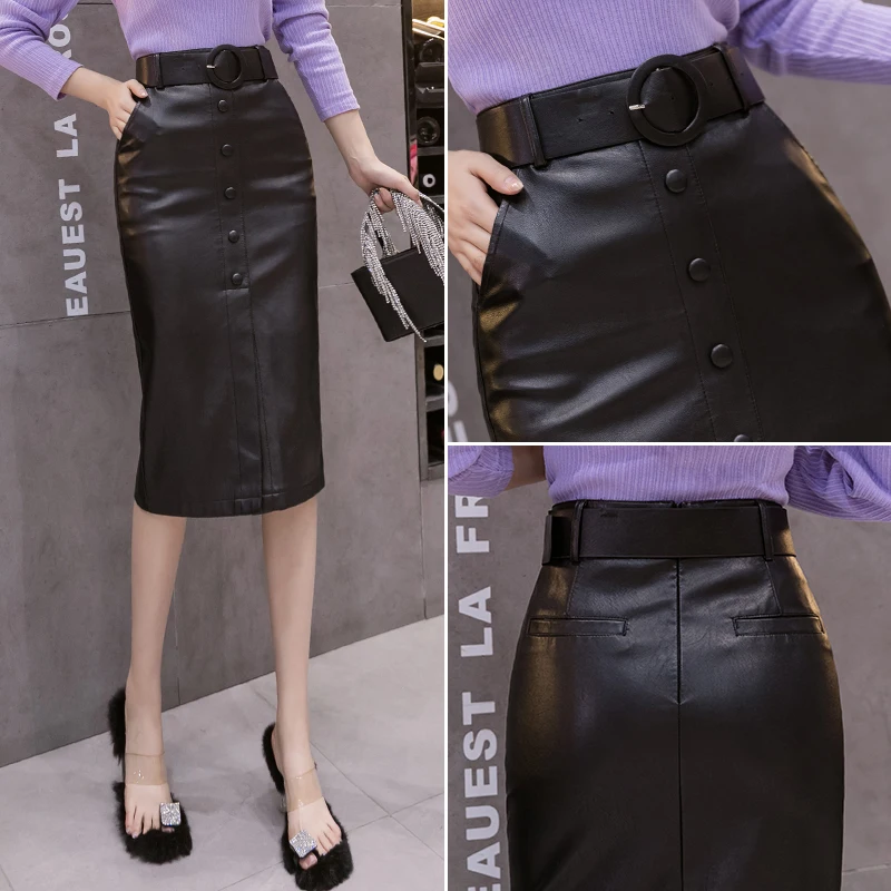 Séoulish – jupes portefeuille en Faux cuir PU pour femmes, avec ceinture, taille haute, noires, portefeuille de bureau, Sexy, nouvelle collection automne-hiver 2023