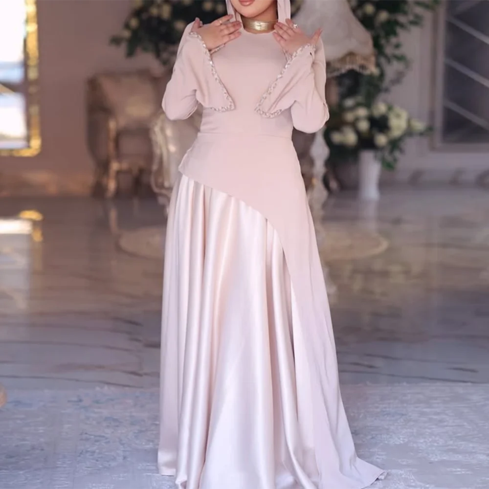 Customized Pink A-Line Prom Dresses Floor-Length O-Neck Full Sleeve Evening Gown Simple Draped Fashion Crystal Party Gown