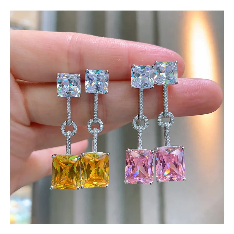 

New Pink Crystal Tassel Pendant Luxurious Topaz Earrings Women's 925 Sterling Silver Luxury Fashion Vintage Jewelry Gift for Mom