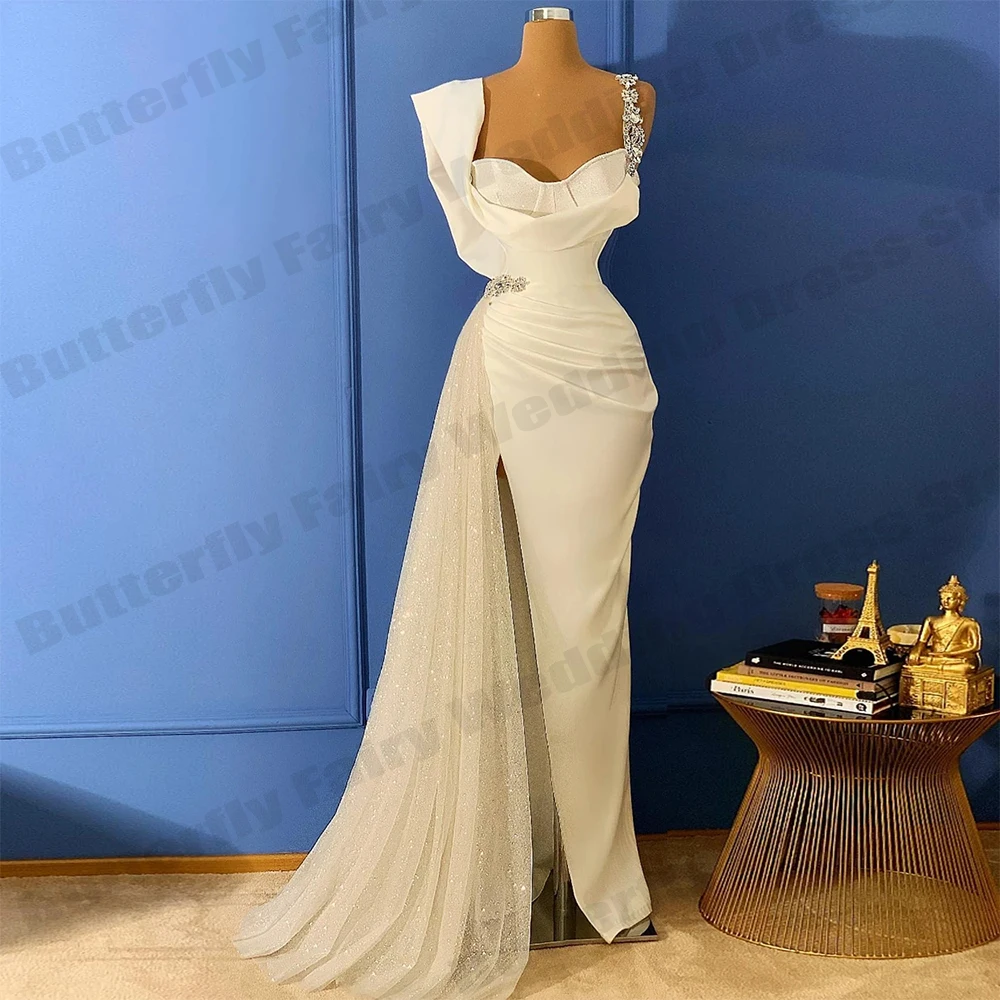 

Luxurious Off Shoulder High Split Women Elegant Long Dresses Satin Spaghetti Strap Party Prom Dresses Evening Ceremonial Dresses