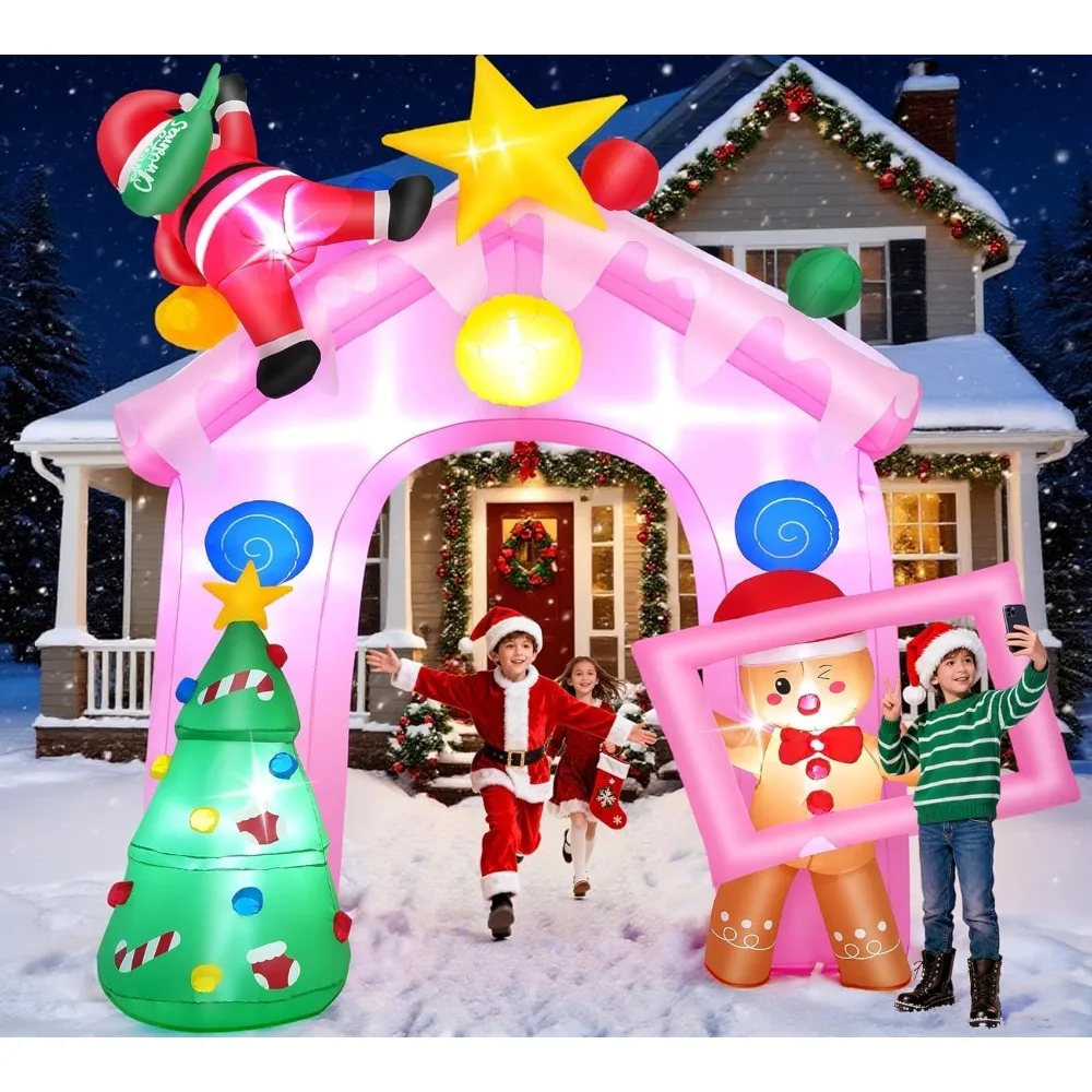 

10FT Christmas Inflatables Archway with Santa Claus,Snowman & Christmas Tree,Large Blow Up Christmas Candy House Outdoor Decorat