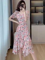 2024 New Pink Floral Mesh Short Sleeve Square Collar Dress Summer Elegant Ruffled Beach Dress Women Fashion Bodycon Party Dress