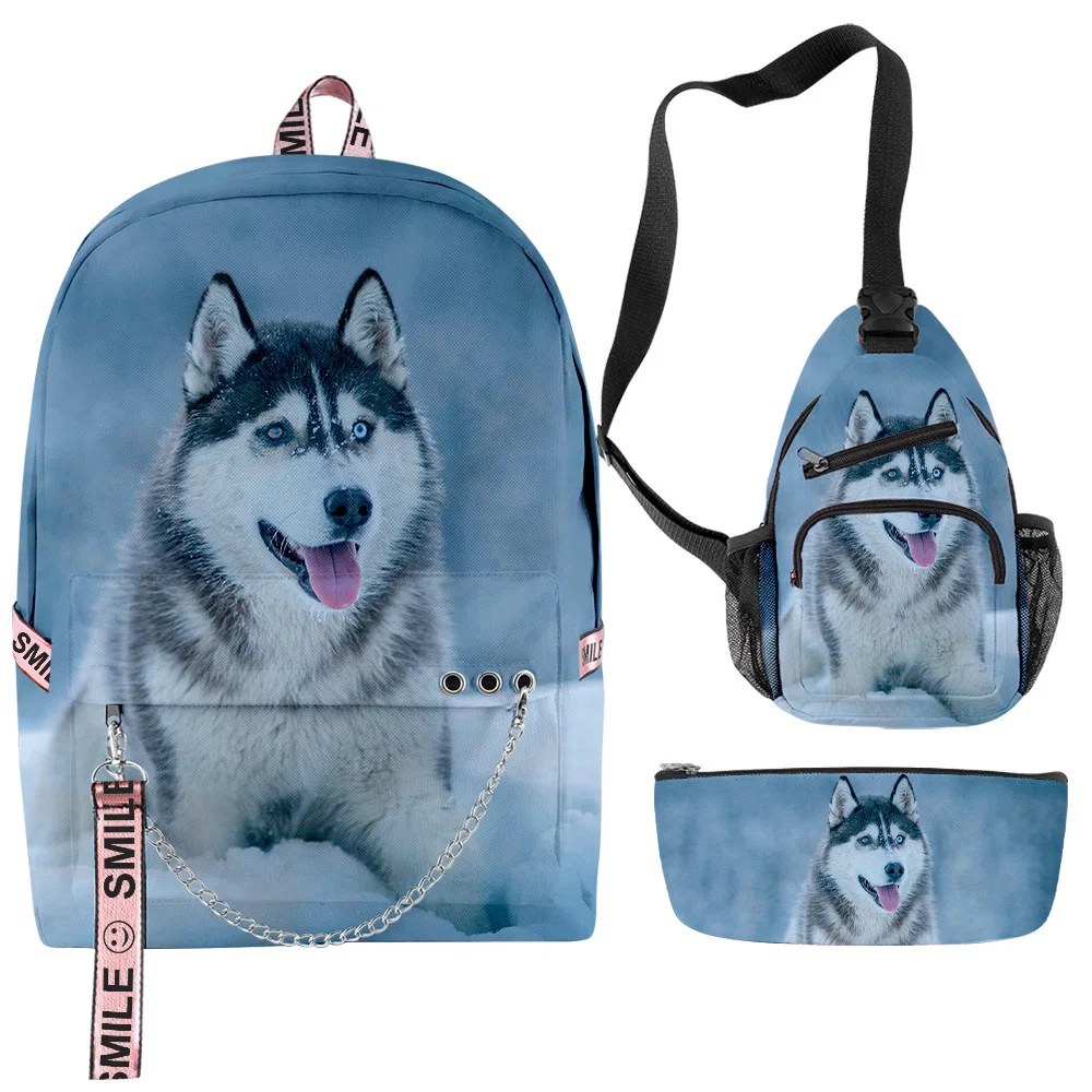 Classic Popular Funny Husky 3D Print 3pcs/Set School Bags multifunction Travel Backpack Chest Bag Pencil Case