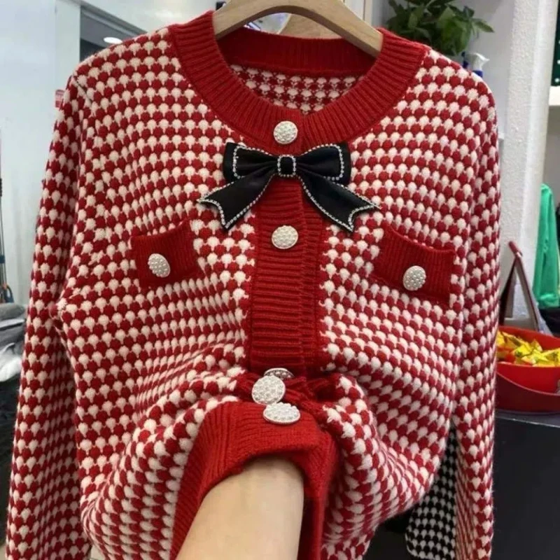 Vintage Button Patchwork Bow Cardigan Autumn Winter Long Sleeve All-match Youth Short Sweaters Top Fashion Korean Women Clothing