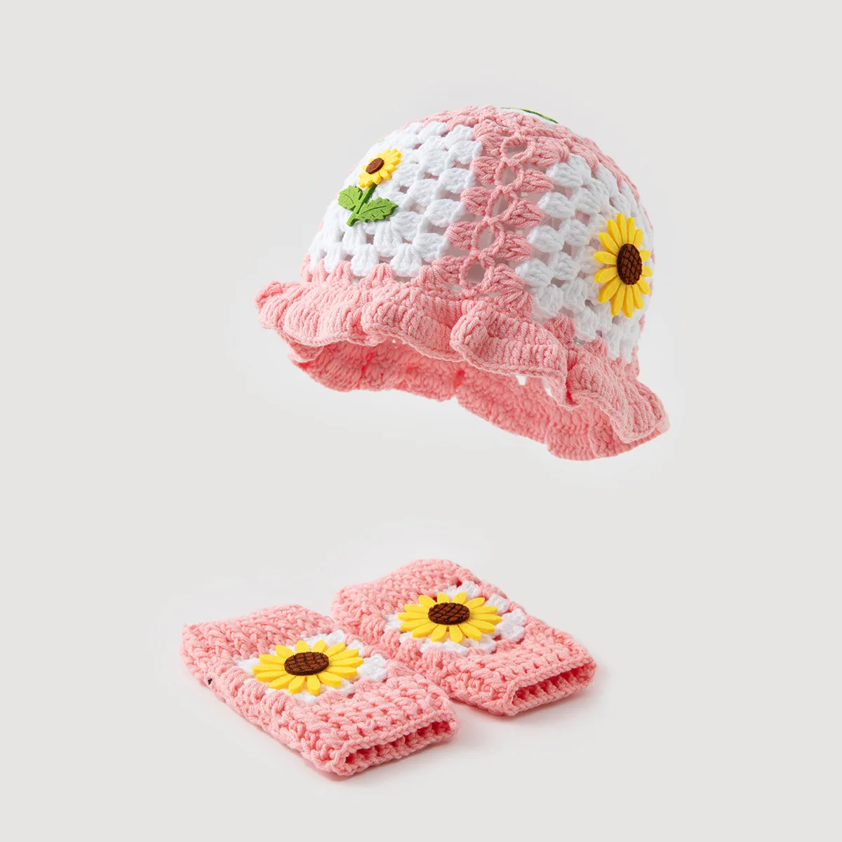 women's-color-block-sunflower-applique-knitted-hat-and-sleeve-set-hollow-crochet-soft-windproof-foldable-everyday-two-piece-set