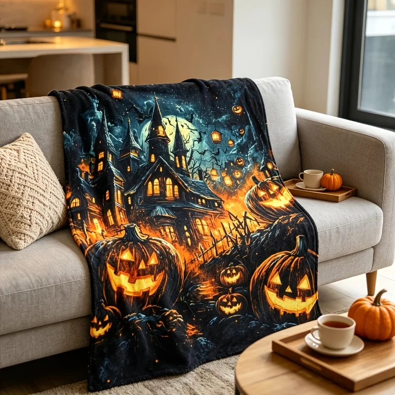 Large Halloween Spooky Haunted Mansion Pumpkin Throw Blanket Fall Autumn Decoration Polyester Cozy Night Gift for Party