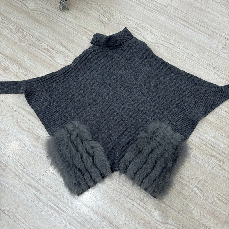 2025 frauen Herbst Grau Echt Fox Pelz Gestrickte Mantel Echtpelz Frühling Fledermaus Ärmel Pullover Tragen