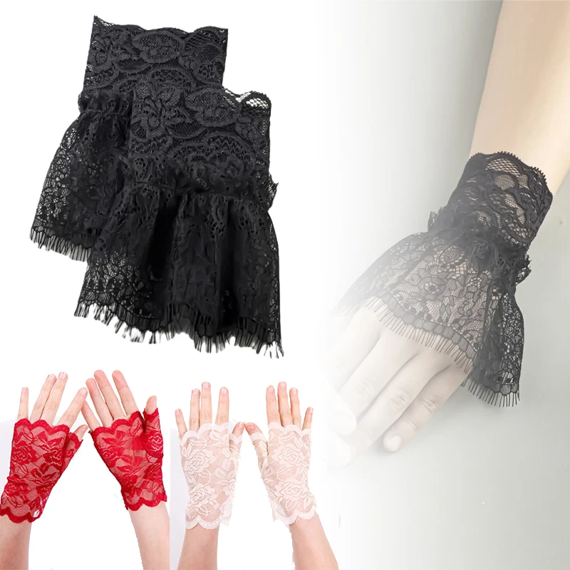Lace Fake Arm Sleeves With Short Tassels White Black Pleated Wrist Decor Cuff For Women Embellishments Accessories Shooting Prop