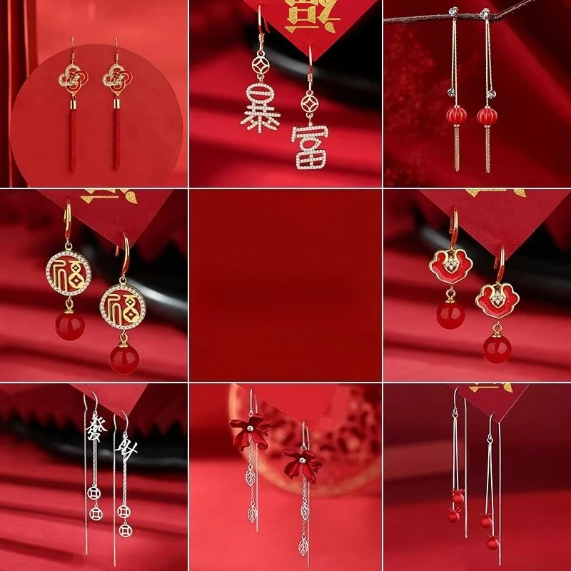 New Chinese Style Earrings for Women New Year Wedding Red Accessories Rhinestone Luxury Jewelry Ear Hook Creative Accessories