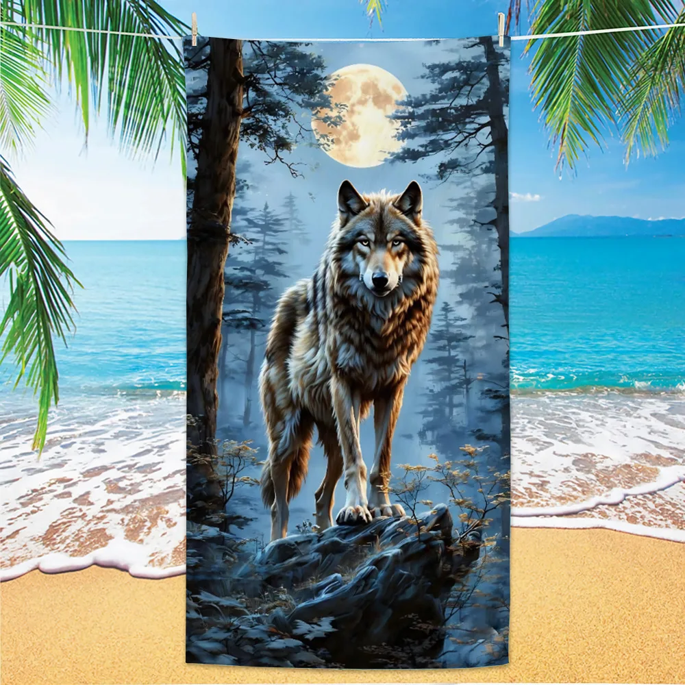 Wolf Print Beach Towel, Moonlit Forest & Howling Wolf Design, Soft Microfiber Quick Dry Bath Towel for Swimming Yoga Travel