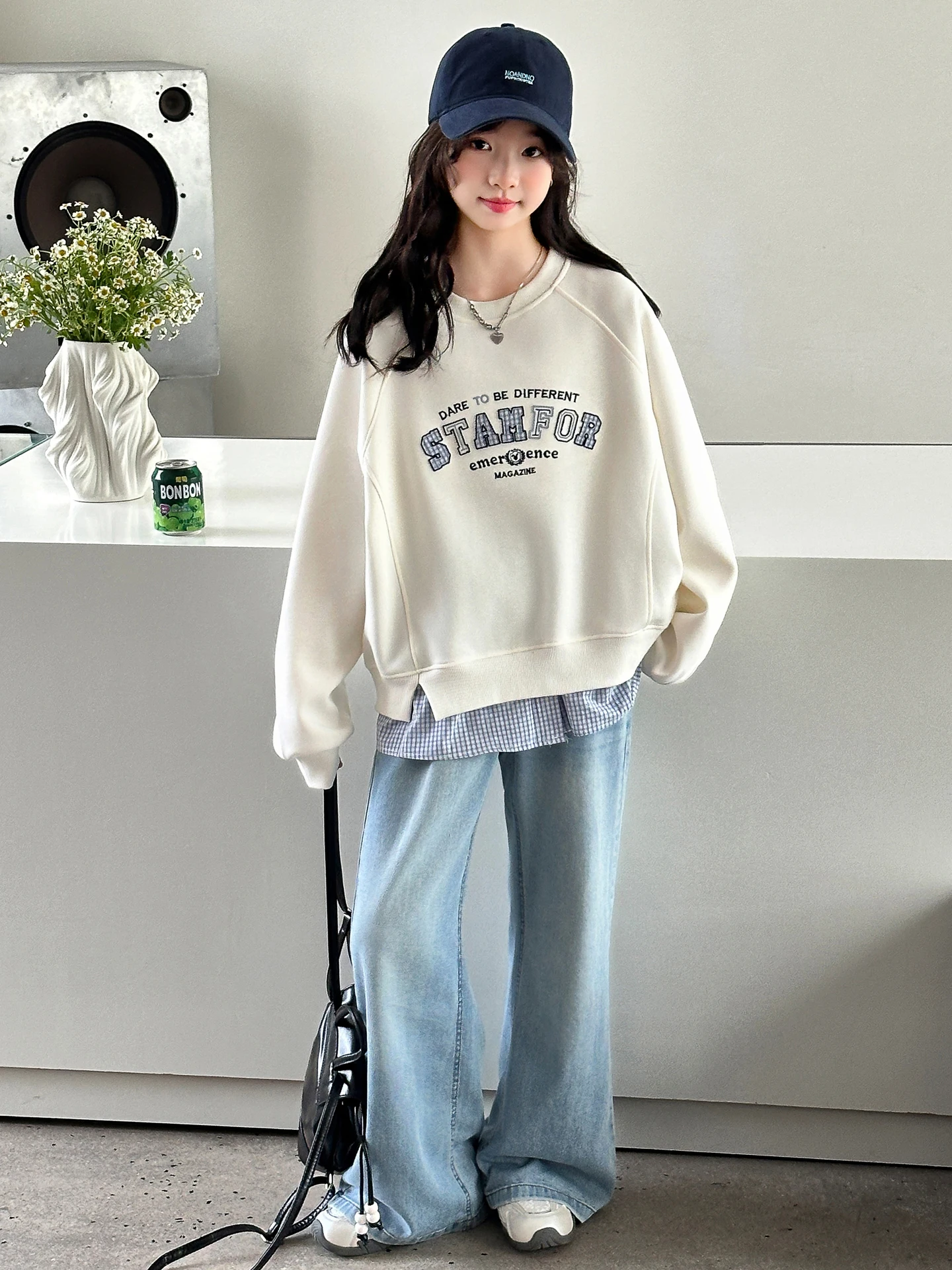 

Girls Casual Faionable Spring Autumn Outfit Two Pieces Set Long Sve Sweatirt And Denim Jeans Kids Comfortable Clothing