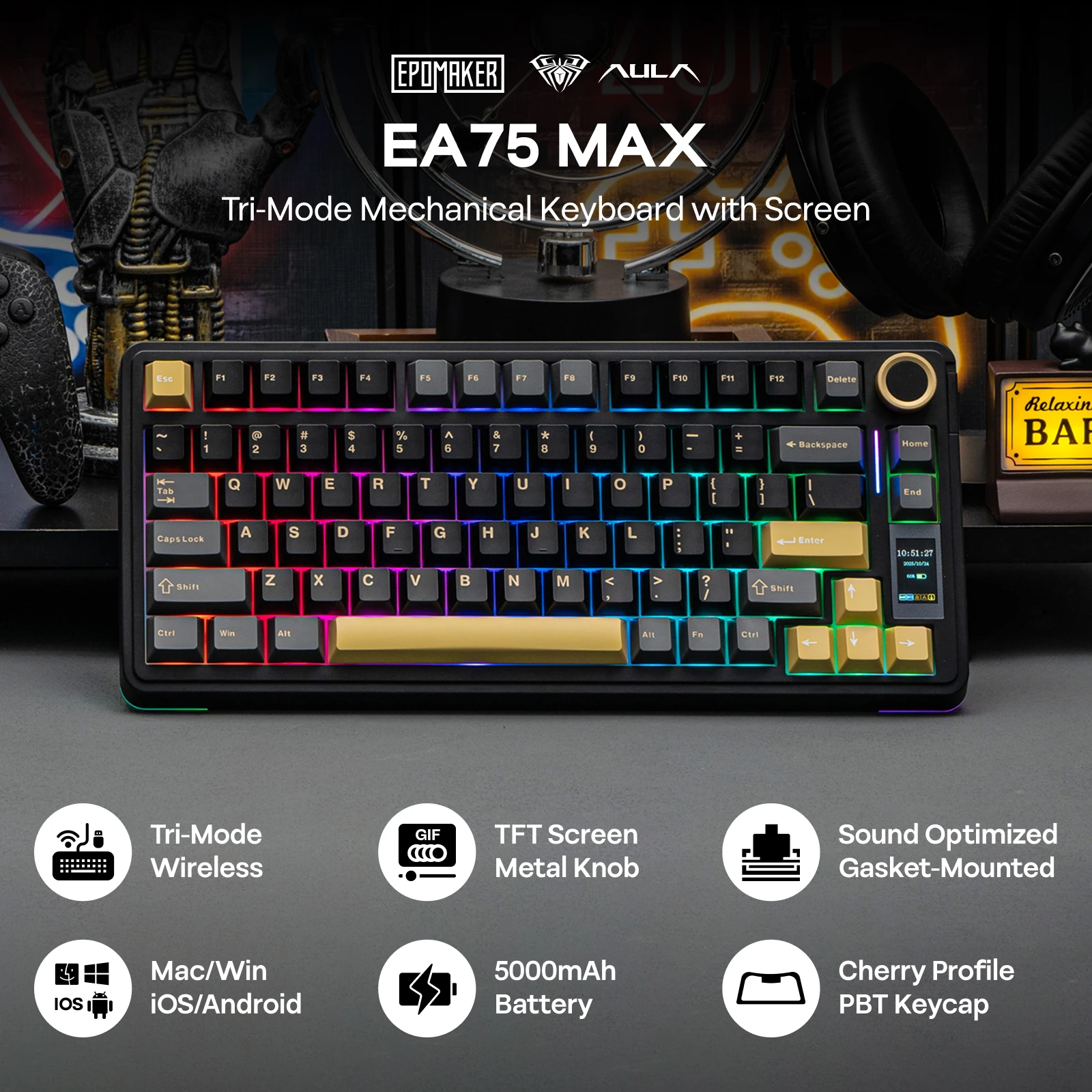 EPOMAKER X AULA EA75 MAX 75% ANSI US Layout Hot-Swap Wired/BT/2.4GHz Wireless 5000mAh Mechanical Keyboard with Screen & Knob