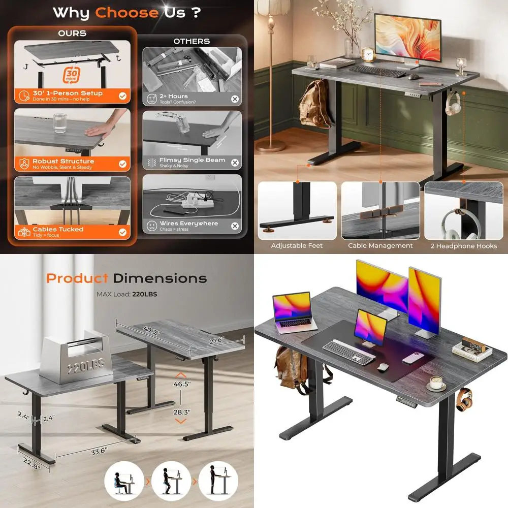 

48 x 28 Adjustable Electric Desk, 27.6 Depth, 3 Height Settings, Grey, for Home Office & Gaming