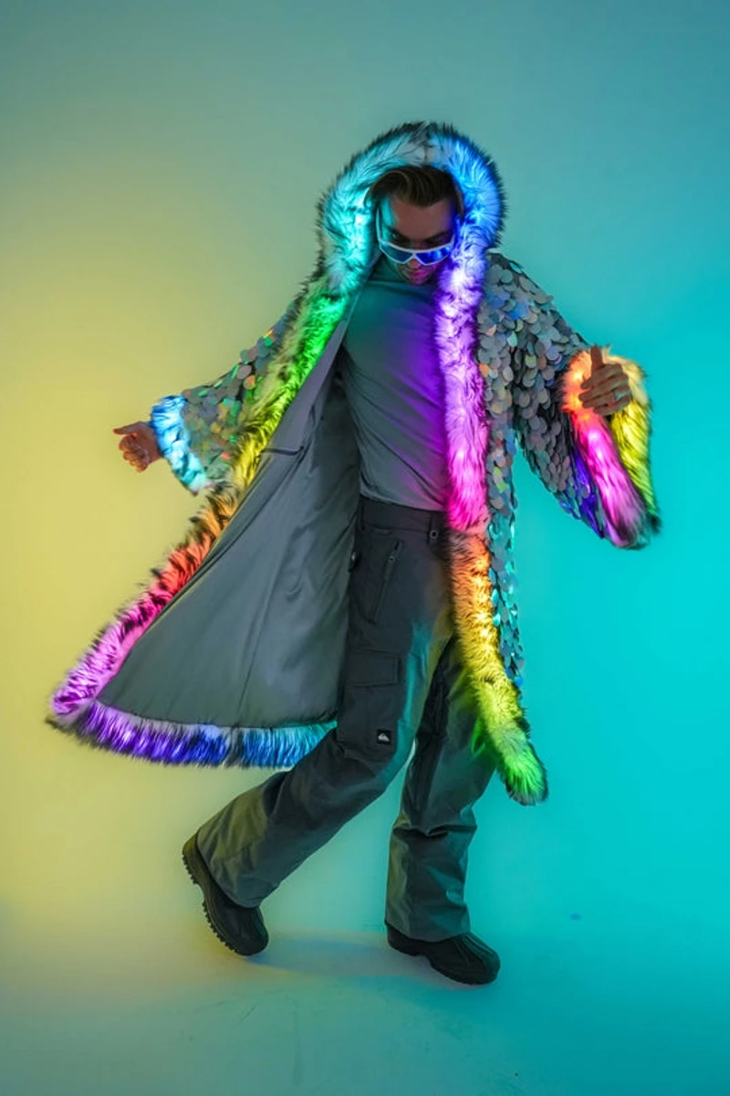 New Silver Sequin Faux Fur Jacket Patchwork LED Luminous Costume Applicable To Multiple Scenarios Men's Faux Fur Coat