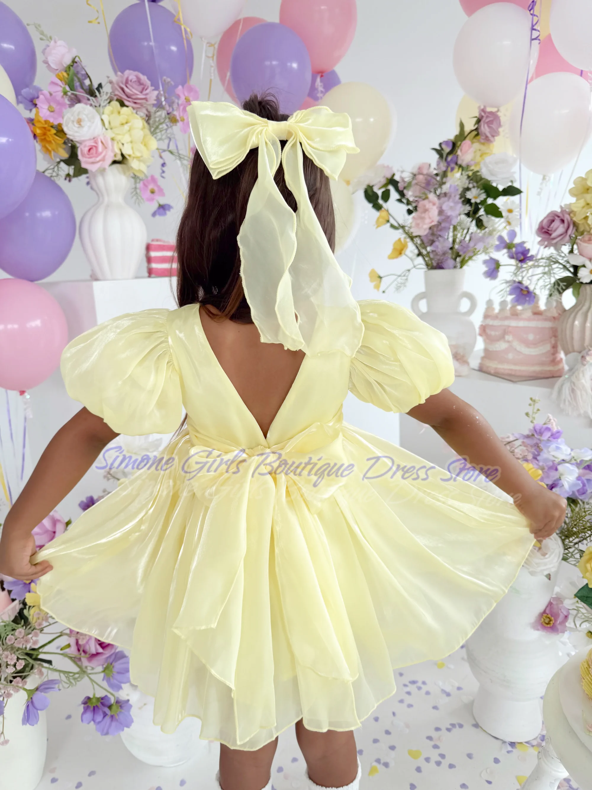 fluffy Bow cute Puff sleeves sweet Round neck Flower Girls Dress for Dance Performances Holiday Celebrations Birthday party