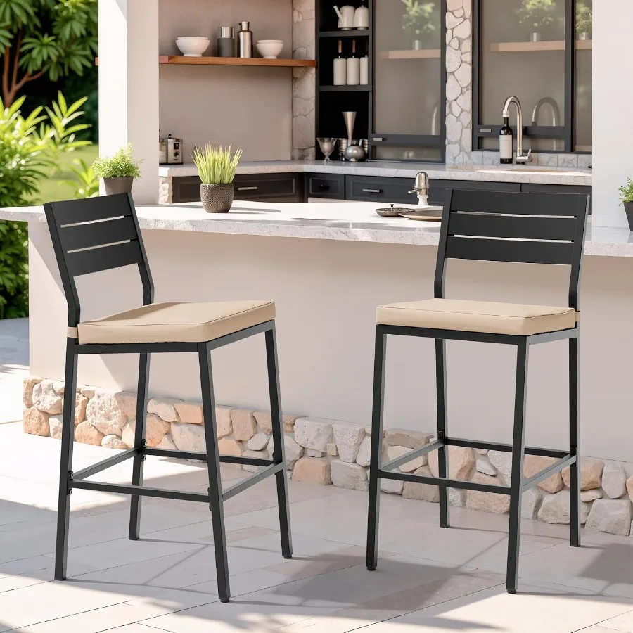 

Outdoor Bar Stools Set of 2 Patio Counter Height Barstools with Cushions Tall Chairs with Back and Footrest for Deck Lawn Garde