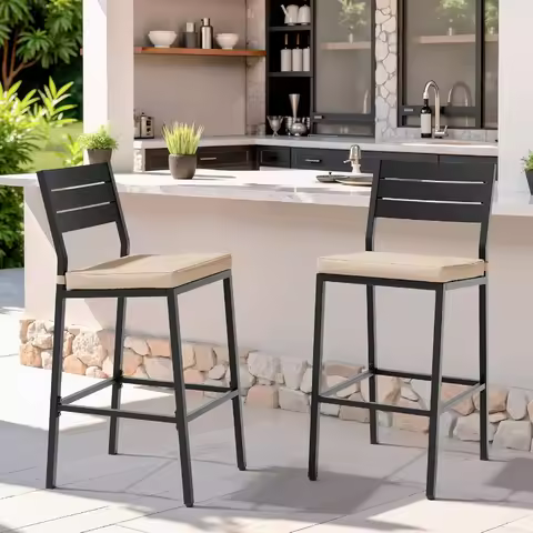 Outdoor Bar Stools Set of 2 Patio Counter Height Barstools with Cushions Tall Chairs with Back and Footrest for Deck Lawn Garde
