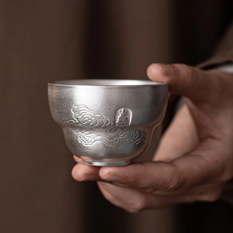 Silver‑Gilded Hand‑Made Ceramic Master Cup Auspicious Cloud Pattern High‑End Kung‑Fu Tea Tasting Cup Household Tea Ware Gift