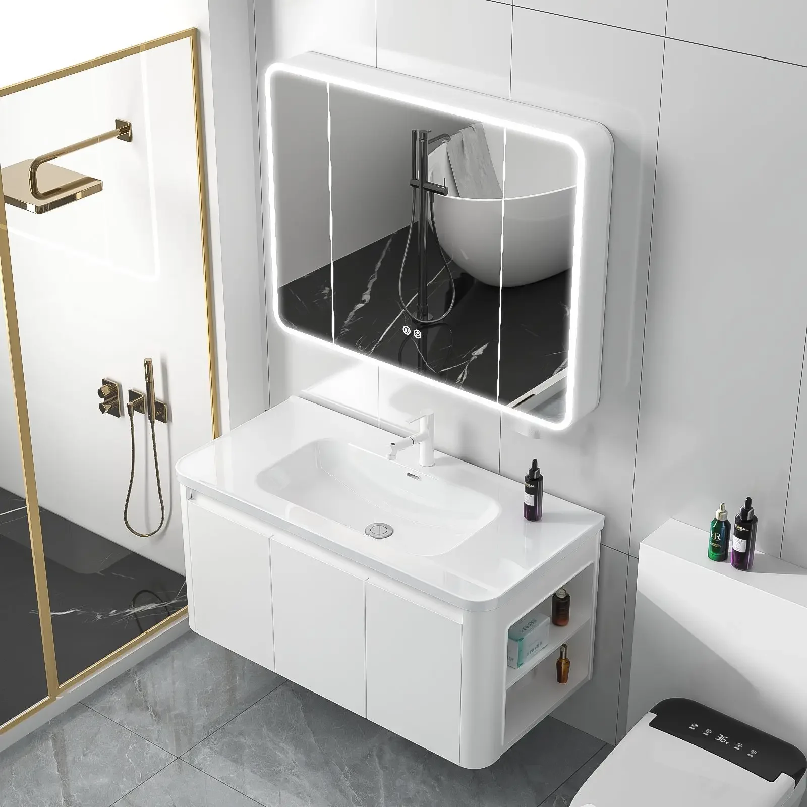 Thickened honeycomb aluminum bathroom cabinet combination arc integrated ceramic basin toilet side storage cabinet