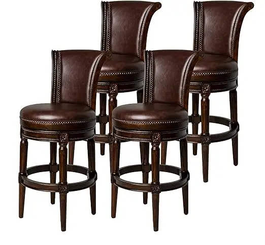 Pullman 31 Inch Tall Bar Height Upholstered Barstool, Dark Walnut Finish with Vintage Brown Vegan Leather Cushion Seat, Set of 4