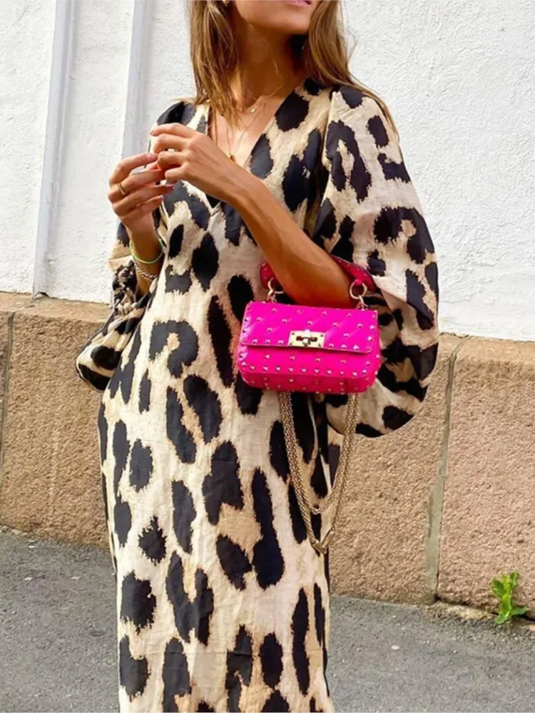 Abito lungo ampio con stampa leopardata con maniche a lanterna primavera estate per le donne Abiti maxi Boho femminili casual alla moda oversize