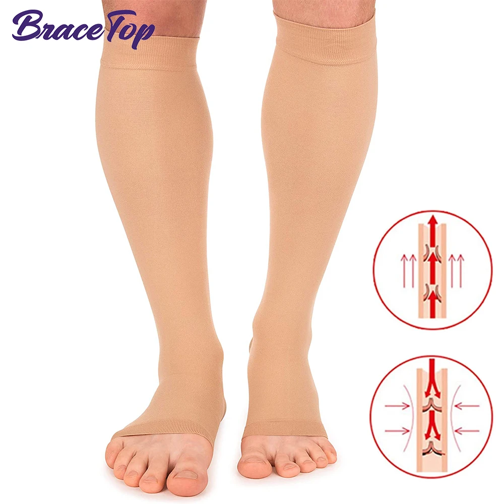 BraceTop Open Toe Compression Socks for Men and Women - Shin Splint Sleeves 20-30mmHG Leg Support for Leg,Calves,Running,Cycling