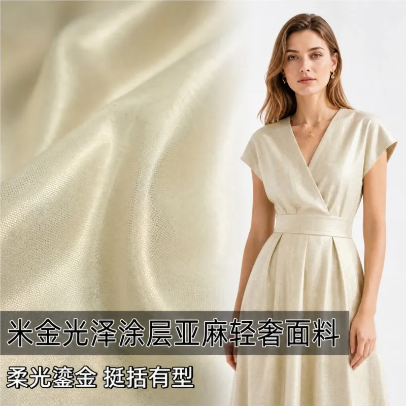 This coat is made of handcrafted fabric featuring crisp and stylish beige gold luster coating with gold-embossed linen base