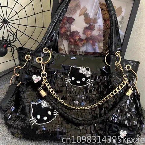 Sanrio Hello Kitty axelväska för kvinna flicka svart söt lyxig designerhandväska stor kapacitet PU-läderväska kawaii tecknad film 8 best sales svart Hello Kitty-väska - №6