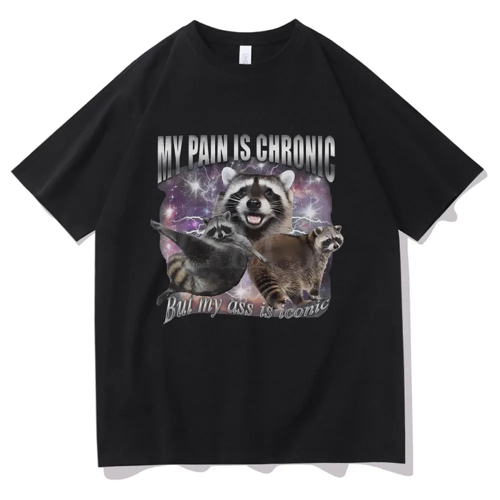 

My Pain Is Chronic But My Ass Is Iconic Raccoon Graphic Print T-shirt Male Oversized T Shirts Men Women Casual Funny Meme Tees