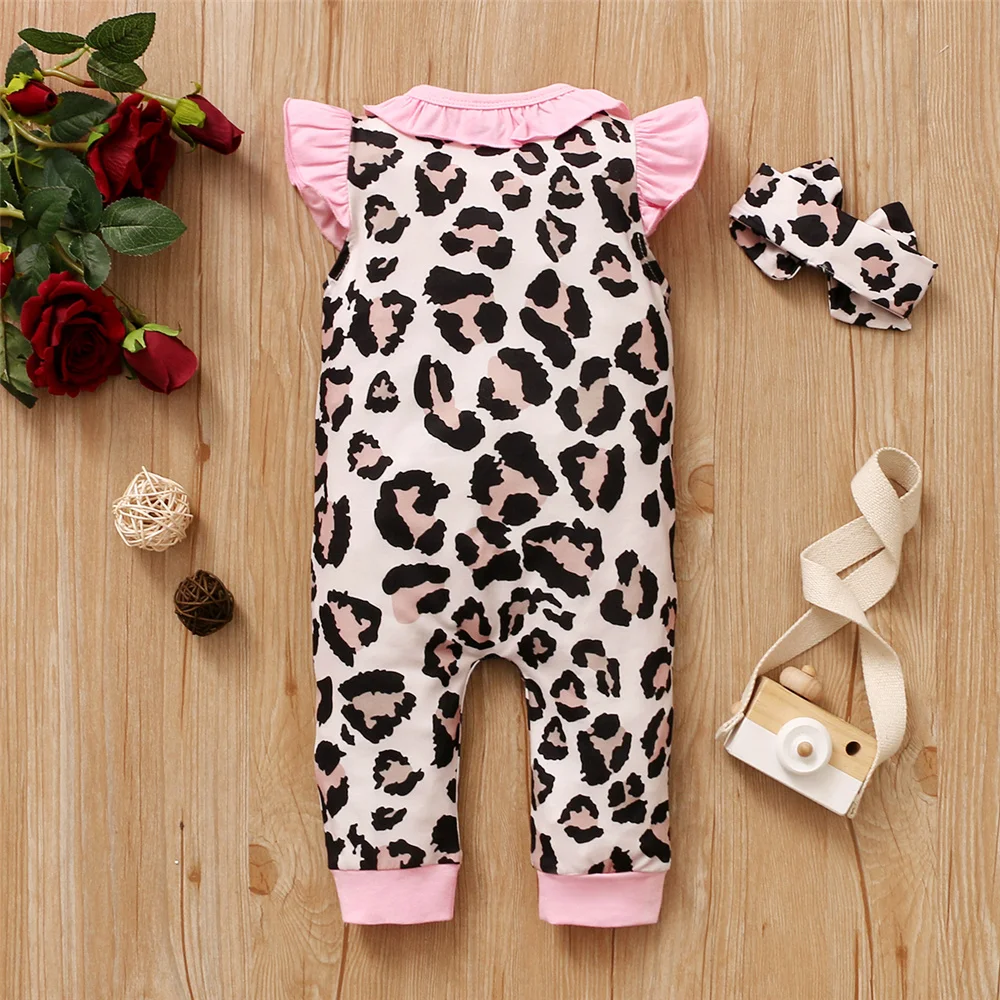 0-12 Months Newborn Baby Girl Bodysuit Fly Sleeves Romper + Headband Toddler Girl Summer Fashion Leopard Pattern Jumpsuit