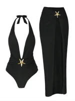 2 Piece Swimsuits for Elegant Women Starfish One Piece Bathing Suits with High Split Skirt Cover Ups Sexy Halter Bikini Sets K59 - Image 3